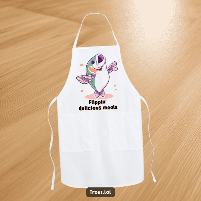 Funny apron featuring a trout executing a dynamic full-body flip, symbolizing culinary celebration and fishing passion, perfect for kitchen enthusiasts.