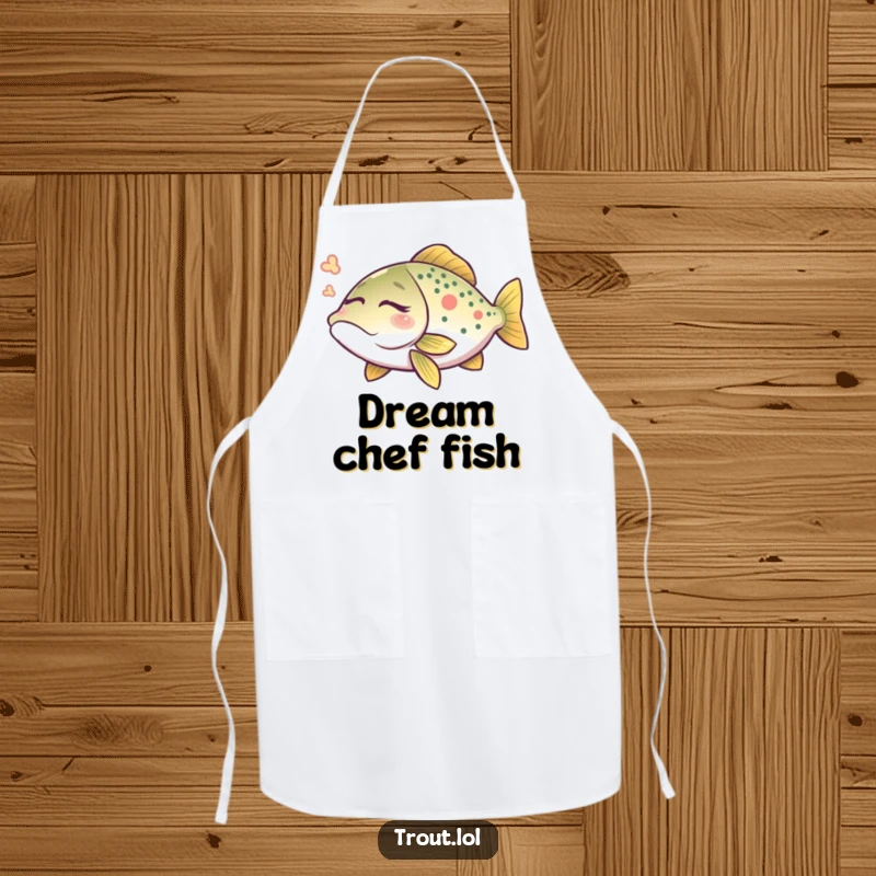 Funny angler trout apron shows a peaceful trout dreaming with closed eyes while cooking, perfect for anglers.