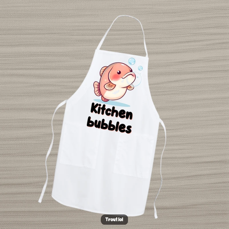 Funny apron featuring a playful trout blowing a water bubble, ideal for kitchen fun.