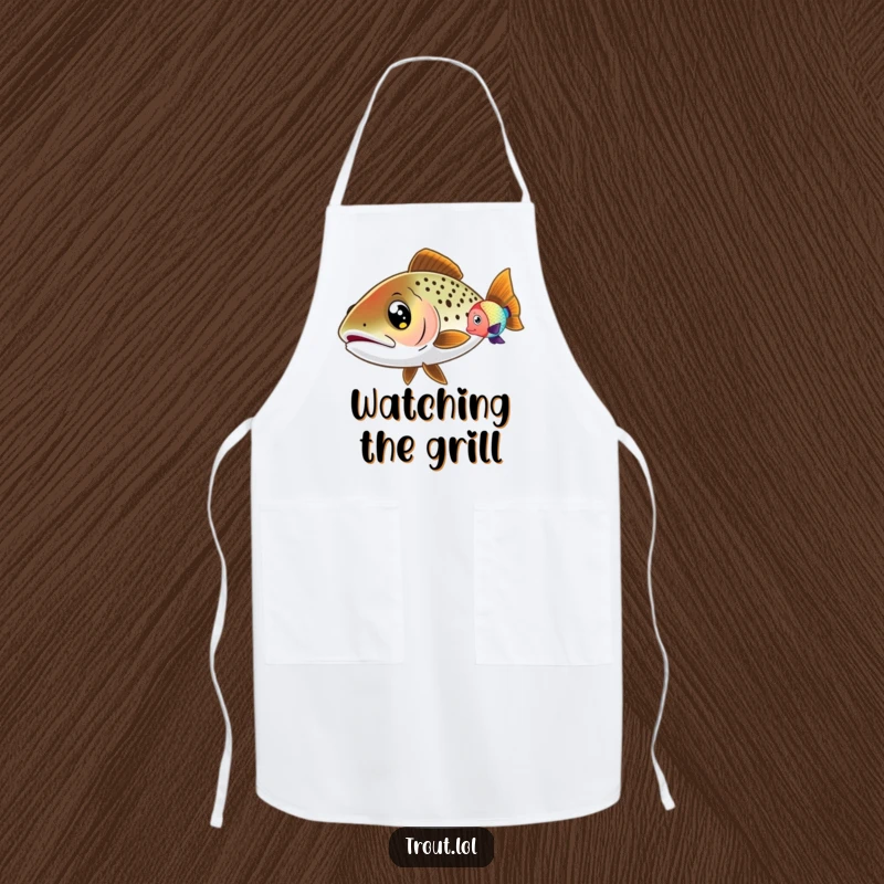 Funny Wide-Eyed Trout Apron featuring a trout with wide eyes, curiously watching a colorful fish swim by, perfect for observant cooking.
