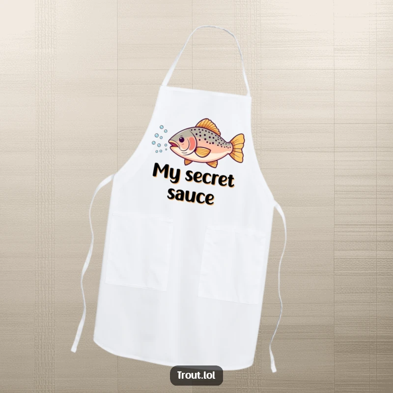 Funny apron featuring a whimsical trout releasing a stream of small bubbles, ideal for humorous kitchen protection.