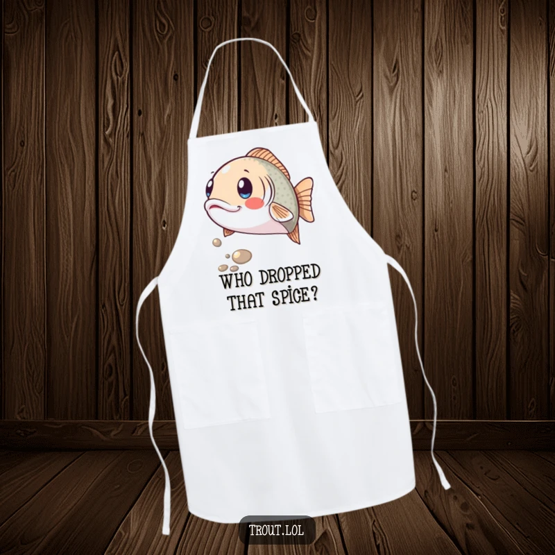 Funny apron with a trout making a surprised expression as a shiny pebble rolls by, a humorous and practical kitchen accessory.