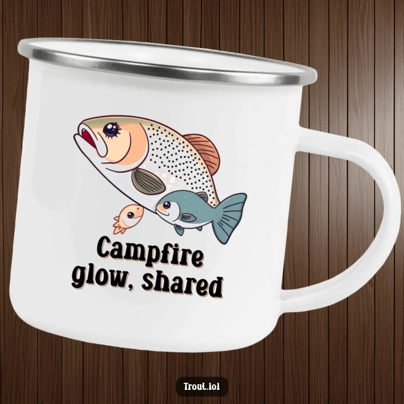 Funny camping mug featuring two trout sharing a glowing microorganism, perfect for outdoor adventures with a heartwarming and humorous theme.