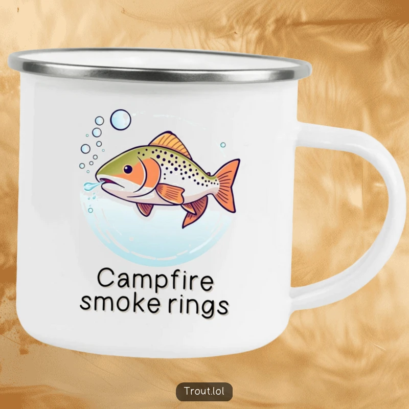 Funny camping mug showing a trout underwater blowing bubbly rings, durable and whimsical for any outdoor setting.