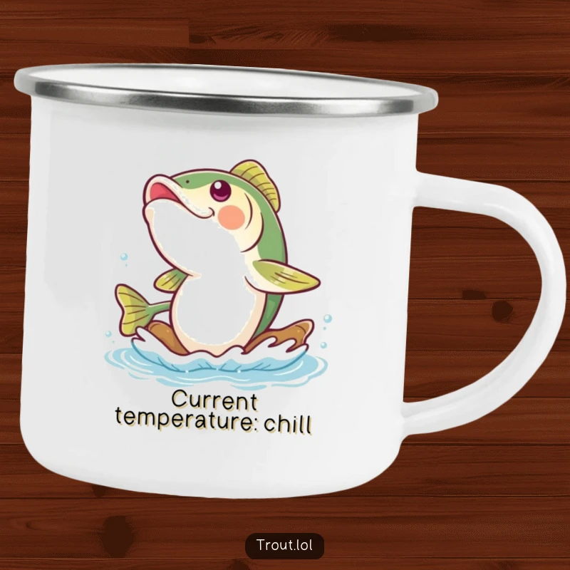 Funny trout camping mug showing a gleeful trout giggling while riding a gentle river current, great for outdoor adventures and hot drinks.