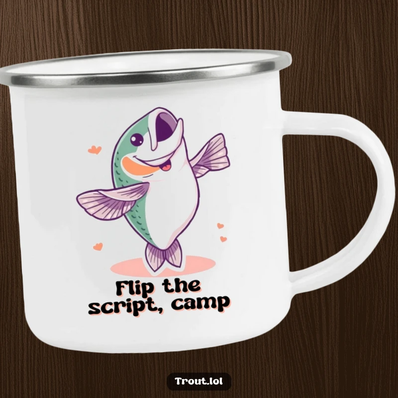 Funny camping mug featuring a joyful trout performing a full-body flip, perfect for enjoying drinks outdoors with a humorous aquatic theme.