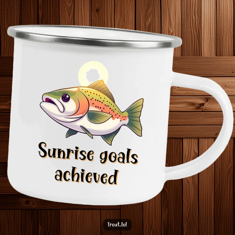 Funny Camping Mug with a determined trout swimming towards a light, perfect for inspiring drinks during outdoor adventures.