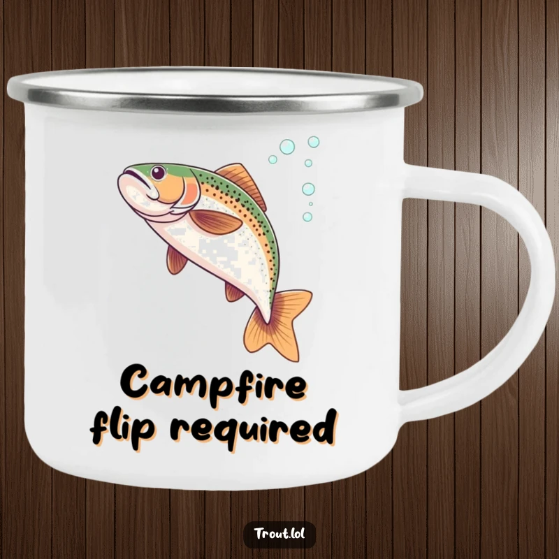 Funny enamel camping mug featuring a trout mid-flip underwater, creating a bubbly spectacle.