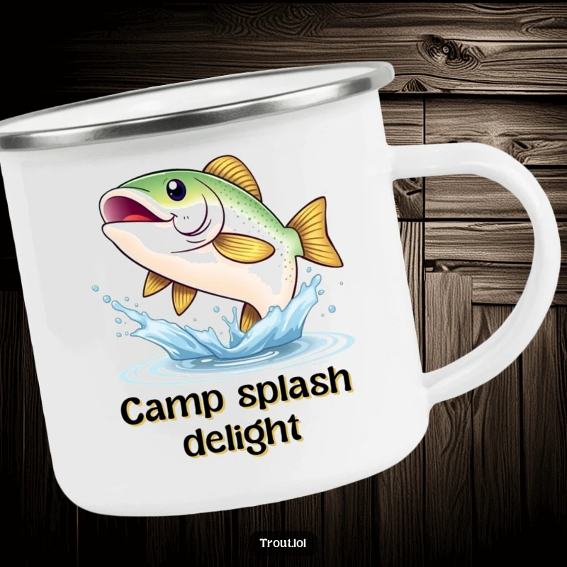 Funny camping mug featuring a shimmering trout with a wide smile, leaping from a splash, bringing cheerful, durable drinkware for outdoor enthusiasts.