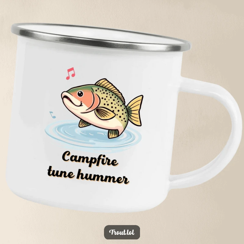 Funny camping mug depicting a trout humming a happy tune with musical notes, great for nature lovers who enjoy music.