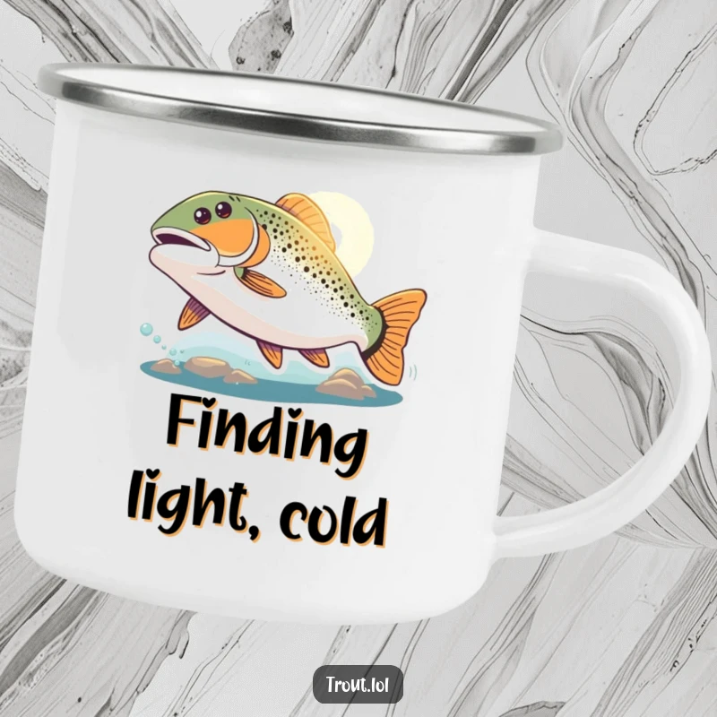 Funny questing trout camping mug showing a trout swimming with great enthusiasm towards a distant bright light, perfect for outdoor activities.