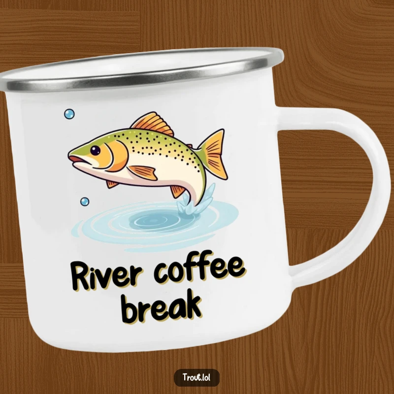 Funny camping mug featuring a trout leaping from the water, ideal for fishing trips and outdoor enjoyment.