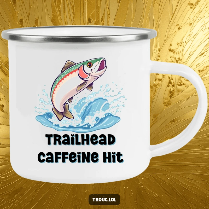 Funny camping mug with a happy trout leaping from a sparkling wave, durable and humorous for outdoor enthusiasts.