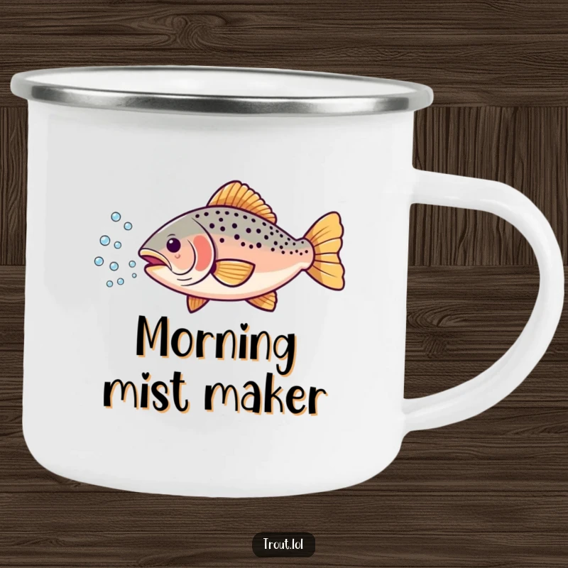 Funny camping mug with a happy trout blowing bubbles, perfect for outdoor beverages and humorous moments.