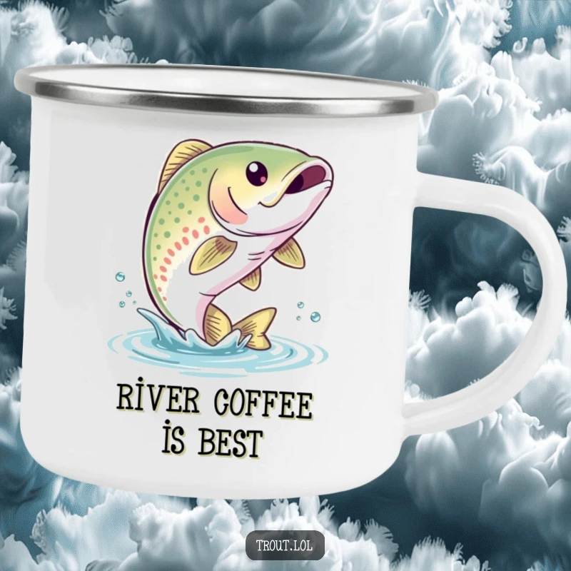Funny Trout Leap Camping Mug featuring a cute trout with a bubbly smile leaping out of the water, ideal for outdoor use and fishing fun.