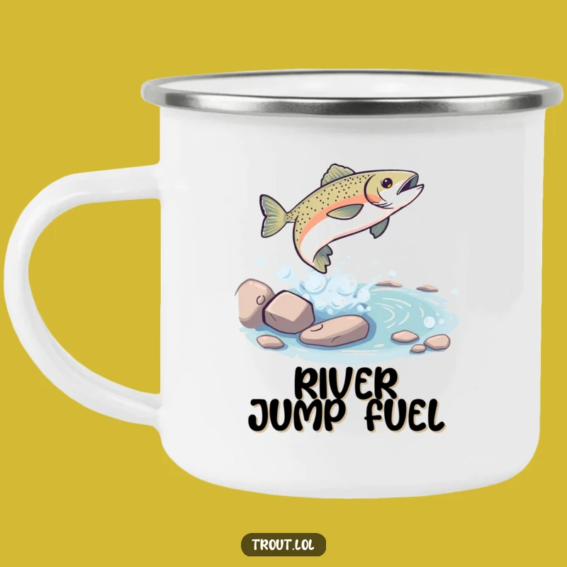 Funny Trout Leap Camping Mug: Playful Stream Cup, Humorous Outdoor Gift