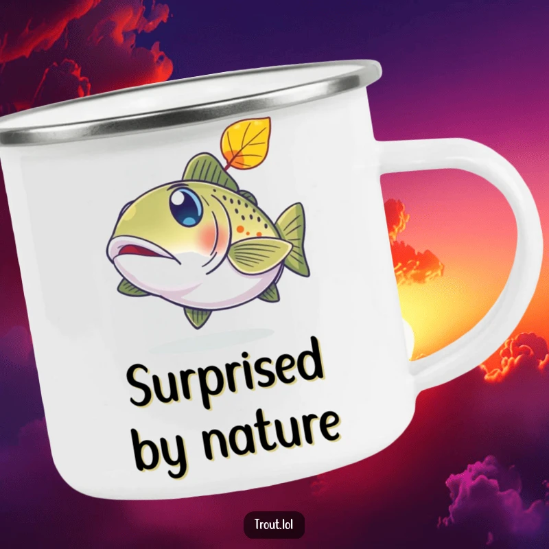 Funny camping mug featuring a trout with wide, surprised eyes reacting to a falling leaf.
