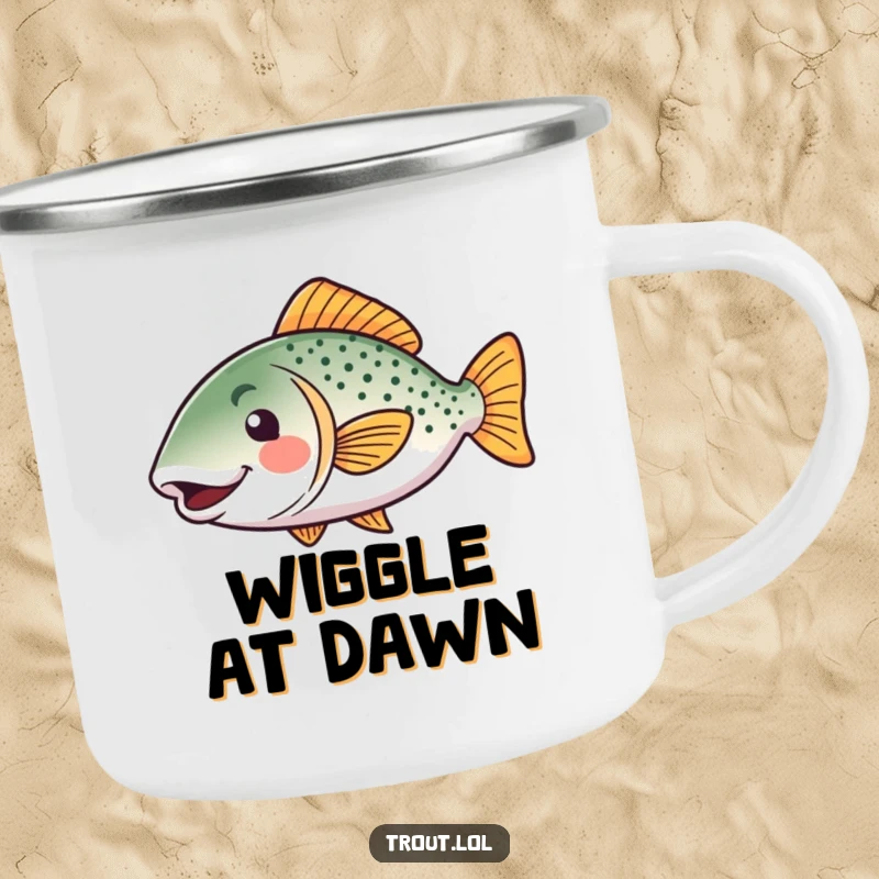 Funny kawaii trout camping mug, featuring a happy fish wiggling its tail, durable for adventures and as a funny gift.
