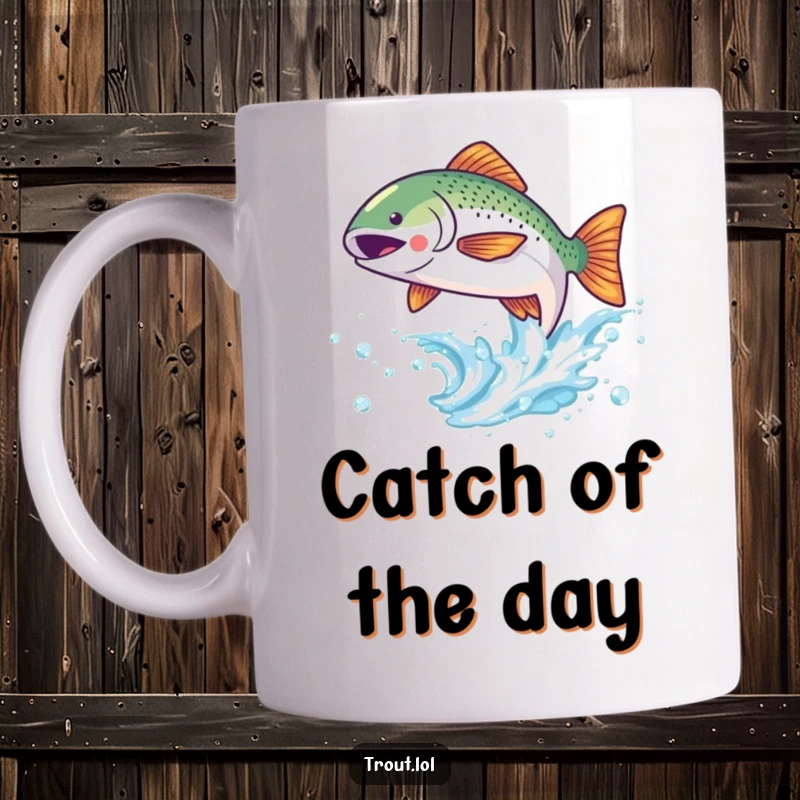 Funny mug featuring a kawaii trout joyfully leaping out of a sparkling wave, conveying pure delight.