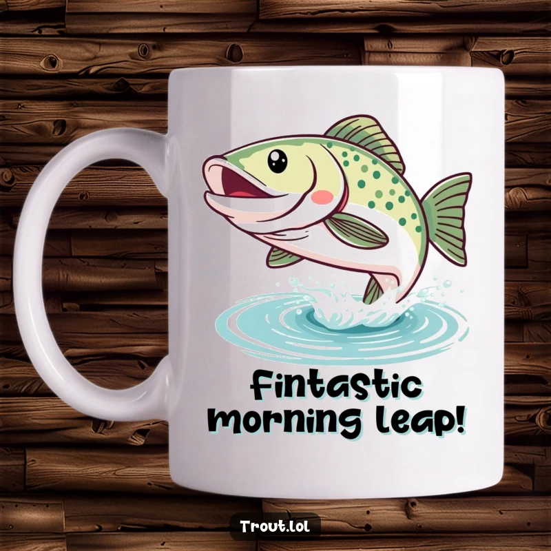 Funny Kawaii Trout Mug: A happy trout with a big smile leaps joyfully from the water, exuding pure aquatic delight and humor.