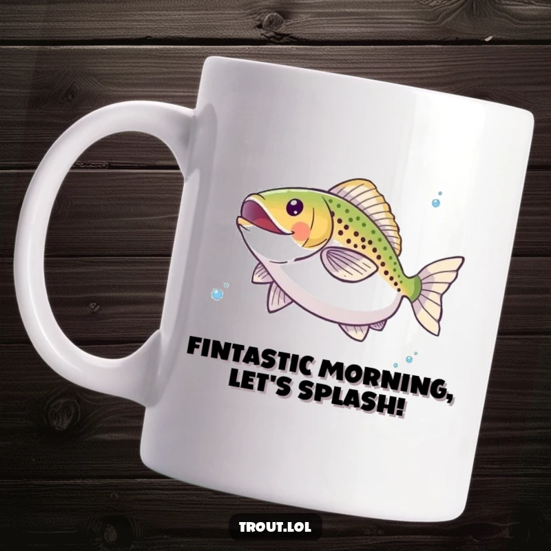 Funny mug showcasing a joyful trout performing a graceful twirl underwater, radiating happiness and aquatic charm, a delightful gift.