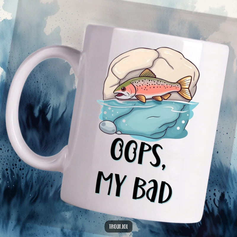 Funny Mug depicting a trout playfully bumping its nose into a smooth underwater rock, showcasing a moment of comical mishap.