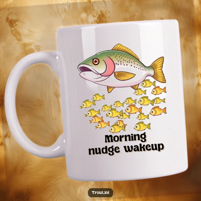 Funny mug featuring a cartoon trout playfully nudging smaller fish, causing them to scatter and dart away in a fun chase.