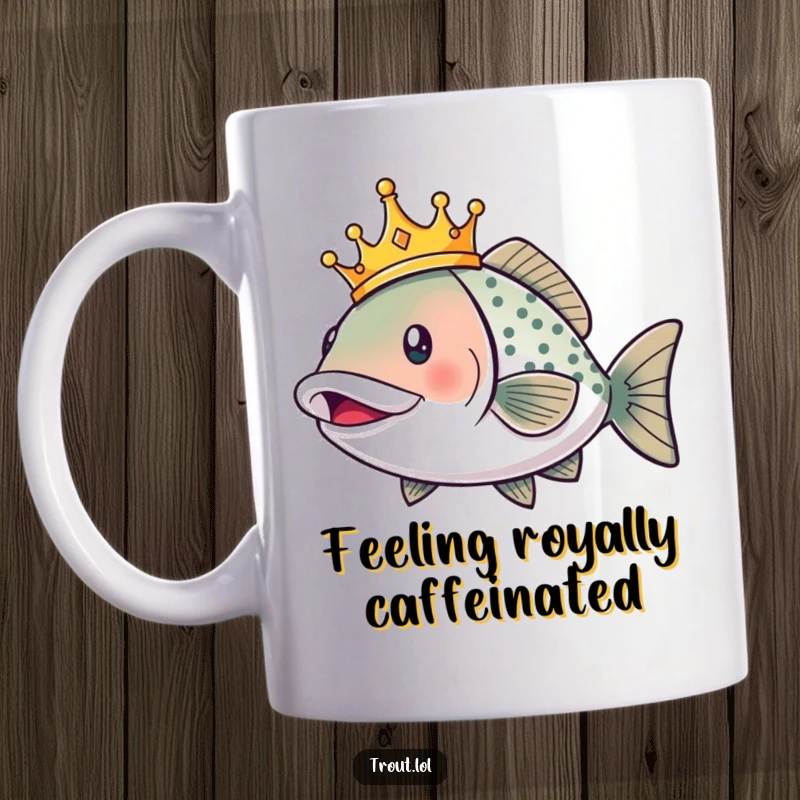 Funny mug showing a smiling trout wearing a golden crown, swimming with regal excitement, embodying aquatic royalty and joy.
