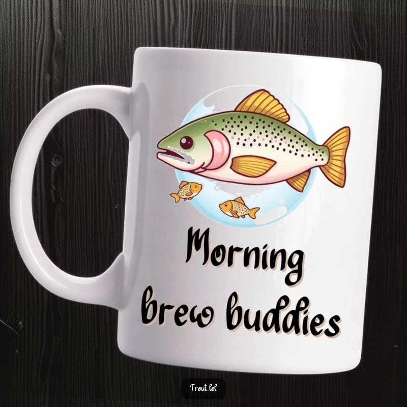 Funny mug showing a generous trout sharing a tiny bubble with a much smaller fish, illustrating a heartwarming and humorous act of interspecies friendship.