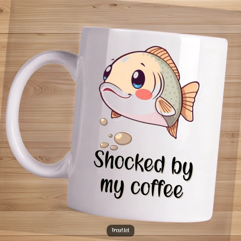 Funny mug showing a trout with a comically surprised expression as a shiny pebble rolls past its face, depicting a humorous moment of unexpected discovery.