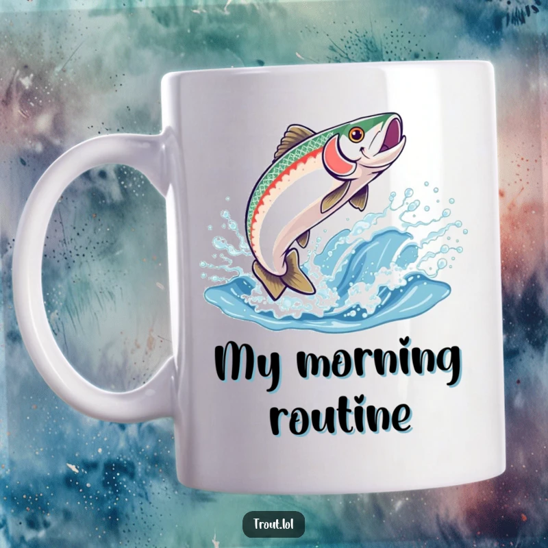 Funny mug showing a happy trout leaping joyfully out of a sparkling blue wave, capturing pure aquatic excitement and fun.