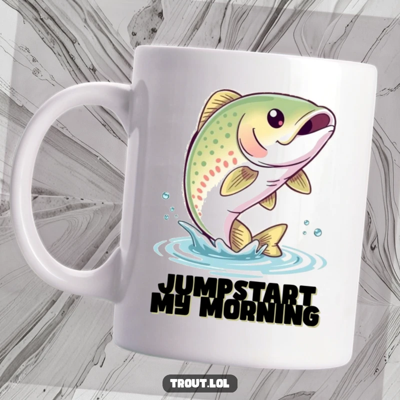 Funny Trout Mug featuring a cute trout with a bubbly smile leaping joyfully out of the water, full of aquatic charm.