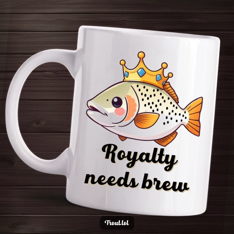 Funny Kawaii Trout Mug with a tiny crown, looking regal while swimming, perfect for gifting.