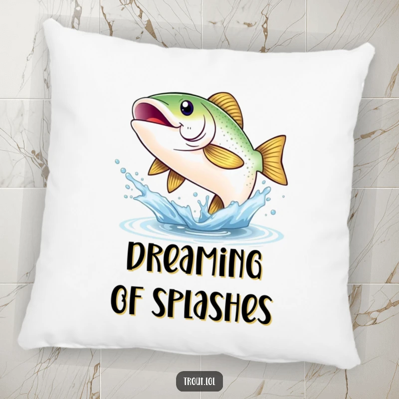 Funny throw pillow featuring a shimmering trout with a huge smile, joyfully leaping from a splash, adding a cheerful aquatic accent to any room.