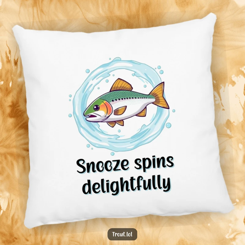 Funny pillow showing a trout comically spinning within a swirling vortex of water, a humorous and comfortable accent for any room.