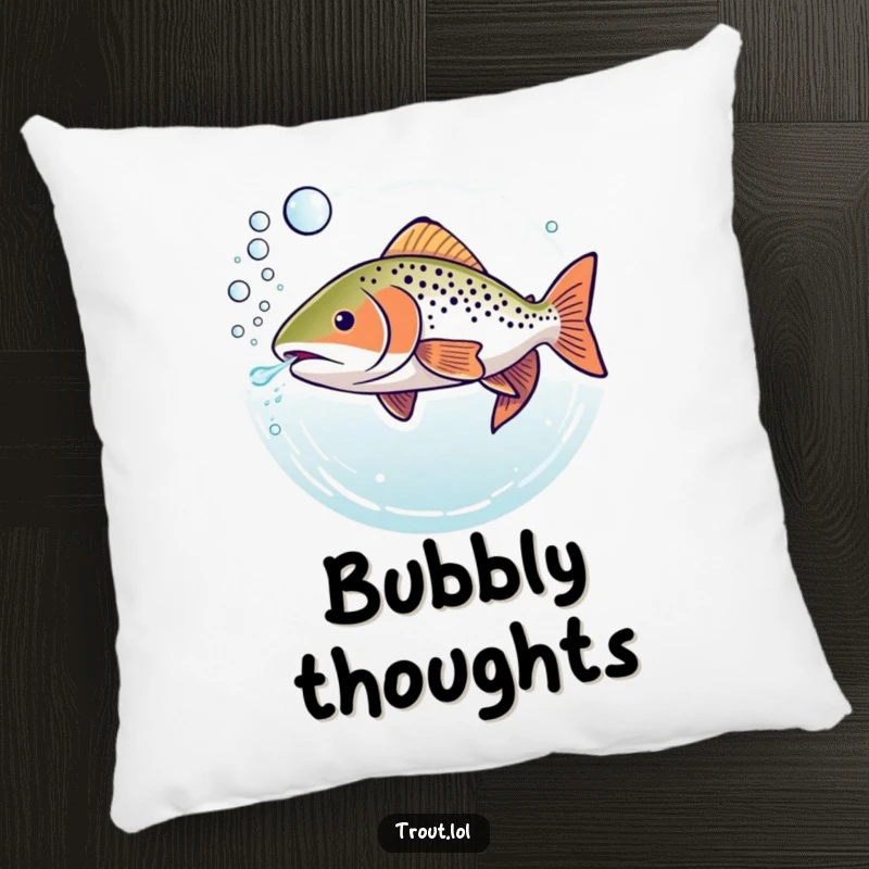 Funny pillow showcasing a peaceful trout underwater, crafting a chain of bubbly rings, ideal for comfort and smiles.