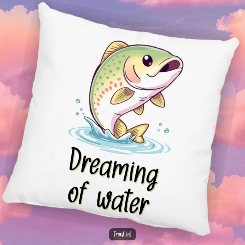Funny Trout Leap Pillow with a cute trout with a bubbly smile leaping out of the water, offering plush comfort and fishy humor.