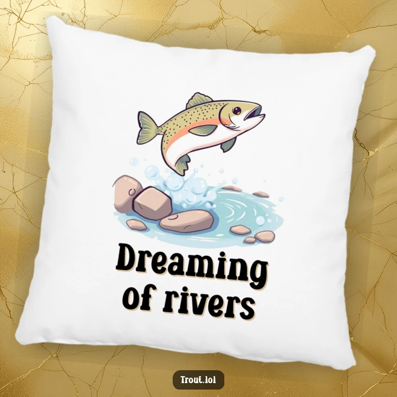 Funny Pillow: Soft cushion with a playful trout leaping from a bubbly stream, offering humorous comfort and a love for fishing, a wonderful funny gift.
