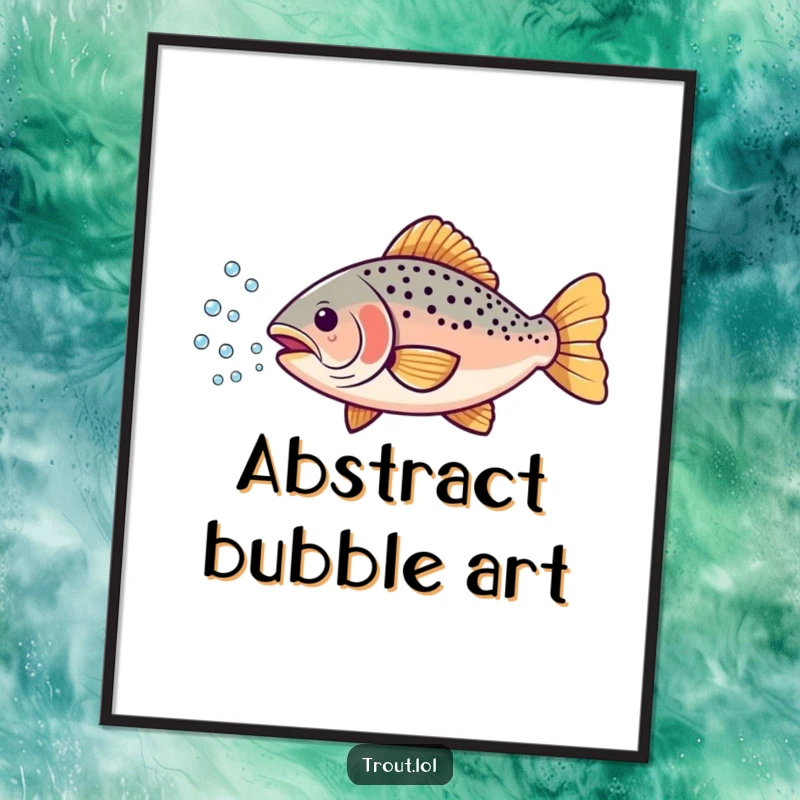 Funny digital art print of a cheerful trout blowing a stream of small, effervescent bubbles for humorous wall decor.