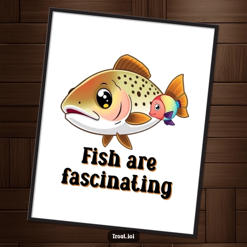 Funny Wide-Eyed Trout Digital Art Print of a trout with wide eyes, curiously watching a colorful fish swim by, perfect for humorous and charming wall art.