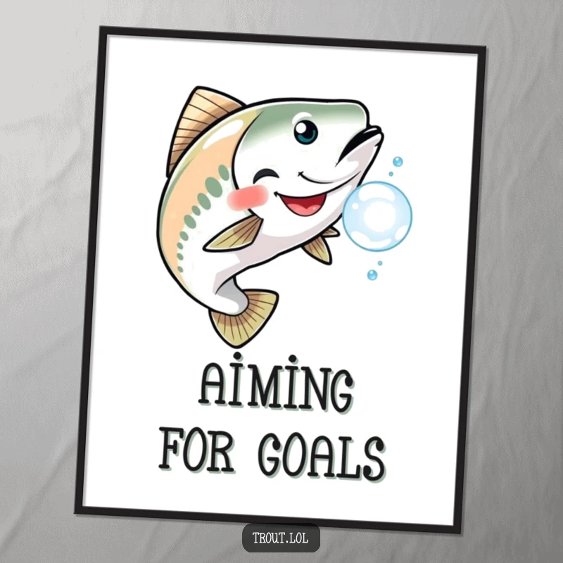 Funny digital art print of a trout with a wide grin, playfully chasing a shimmering bubble, perfect for whimsical decor.