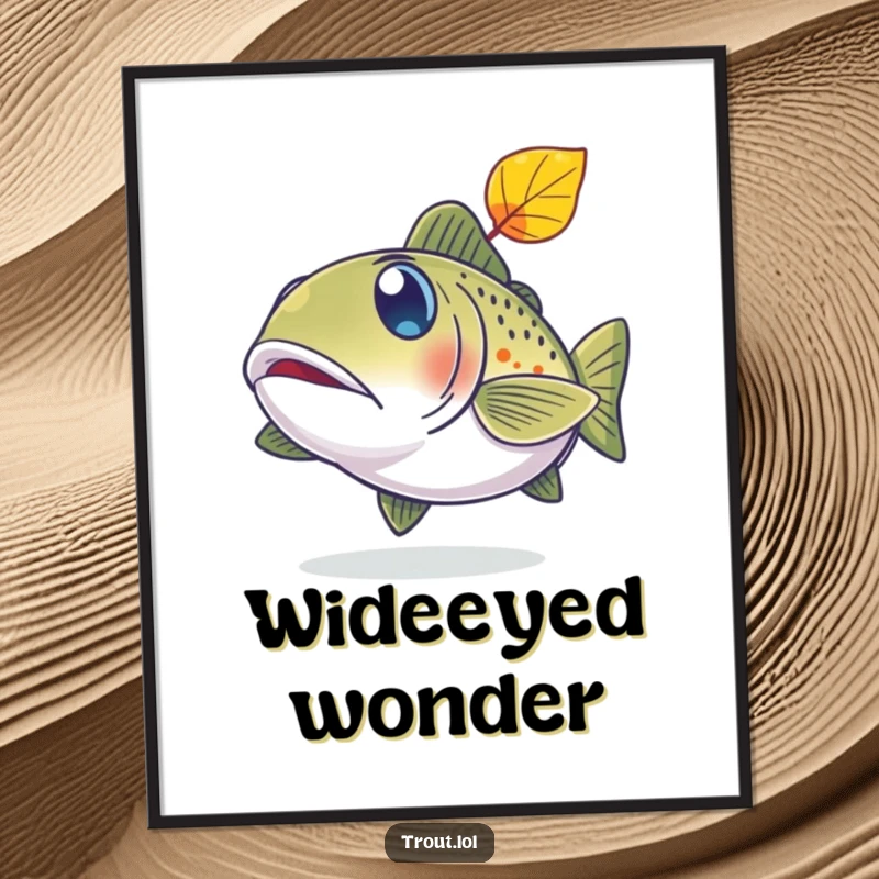 Funny digital art print of a trout with wide, surprised eyes watching a falling leaf.