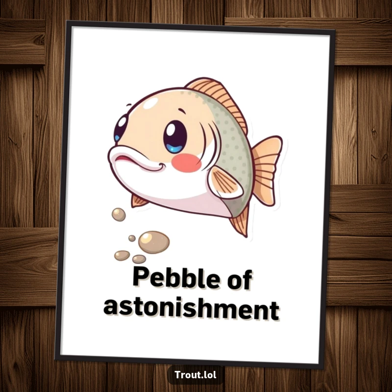 Funny digital art print of a trout making a surprised expression as a shiny pebble rolls by, a humorous and amusing piece for instant decoration.