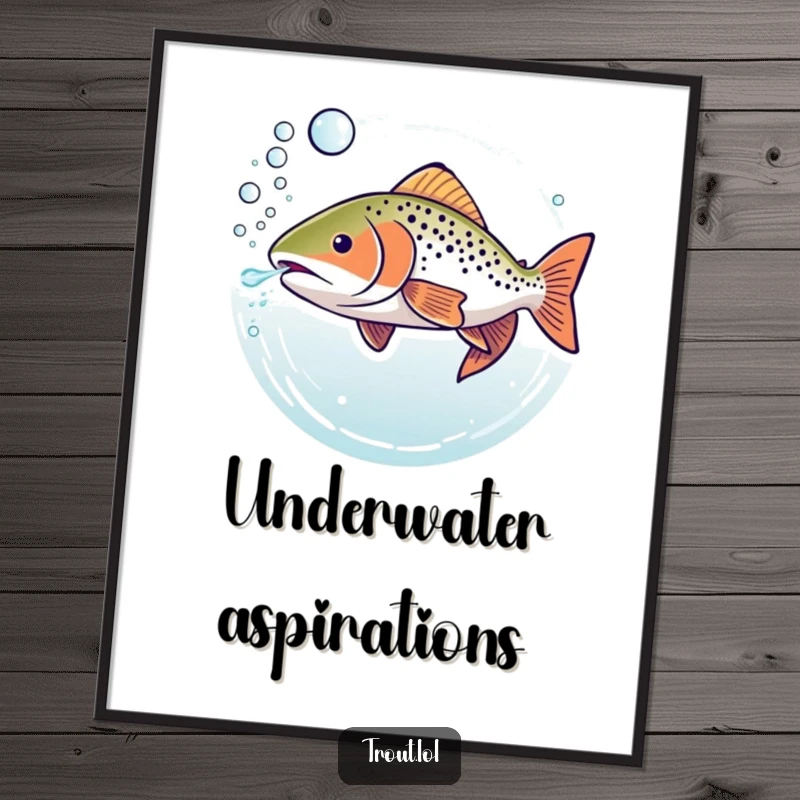 Funny digital art print of a trout underwater, blowing a stream of bubbly rings, perfect for serene and humorous wall decor.