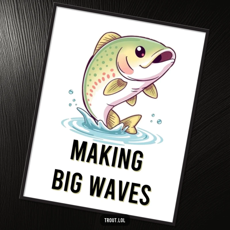 Funny Trout Leap Digital Art Print of a cute trout with a bubbly smile leaping out of the water, perfect for joyful and humorous wall art.