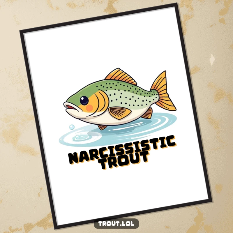 Funny digital art print of a trout playfully pursuing its shimmering reflection, for humorous and whimsical wall decor.