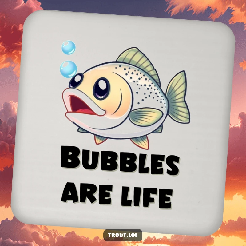 Funny drink coaster depicting a trout with wide, excited eyes, playfully guarding your beverage.