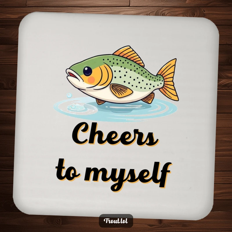 Funny drink coaster showing a trout playfully chasing its own shimmering reflection, adding humorous protection to surfaces.