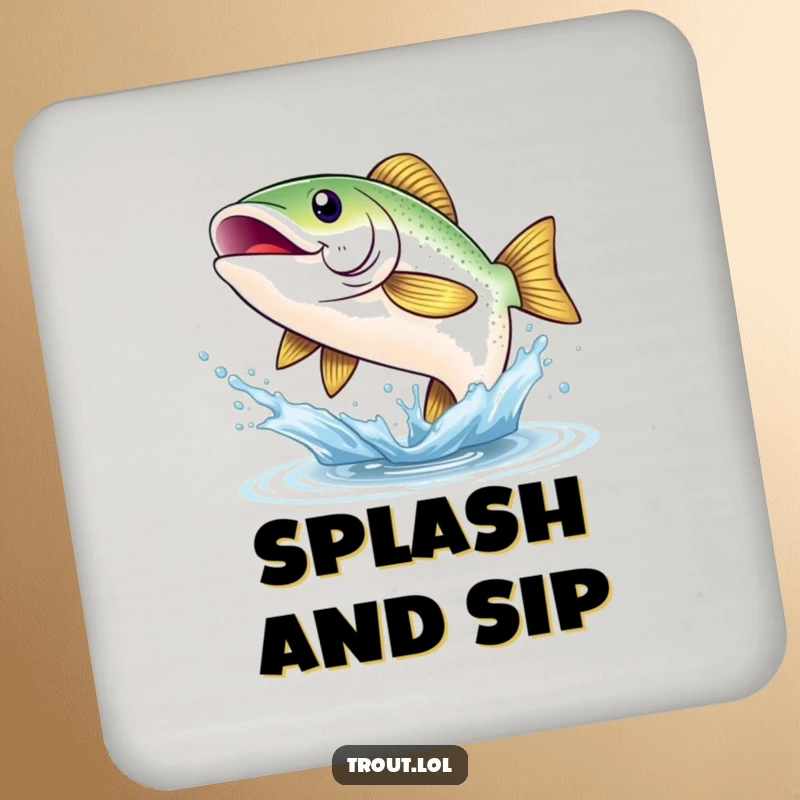 Funny drink coaster showing a shimmering trout with a big smile, leaping from a splash, adding a cheerful and protective element to tables.
