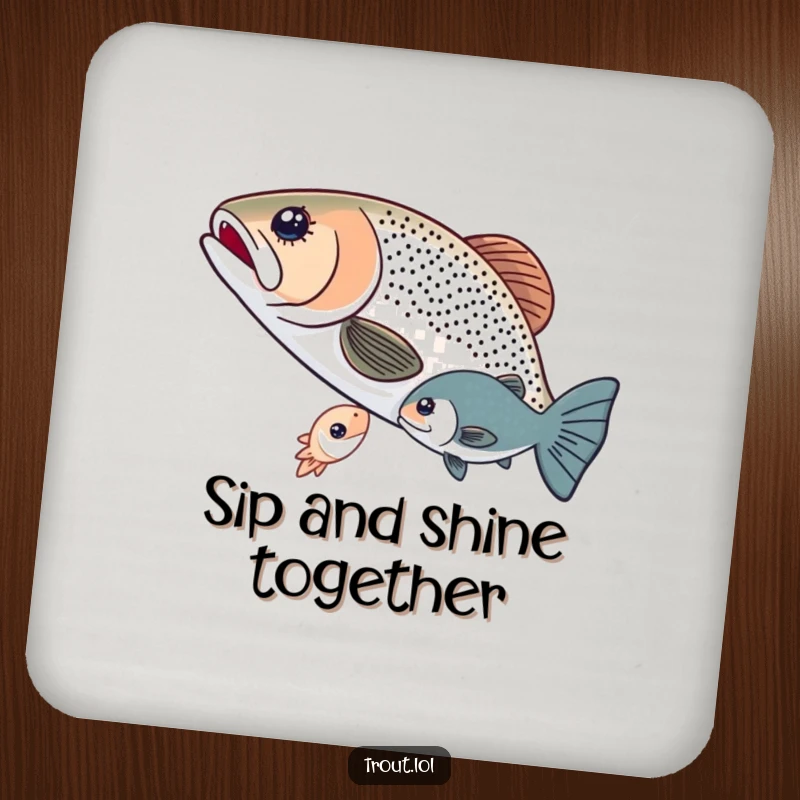 Funny drink coaster with two trout sharing a glowing microorganism, offering surface protection with a heartwarming and humorous aquatic touch.